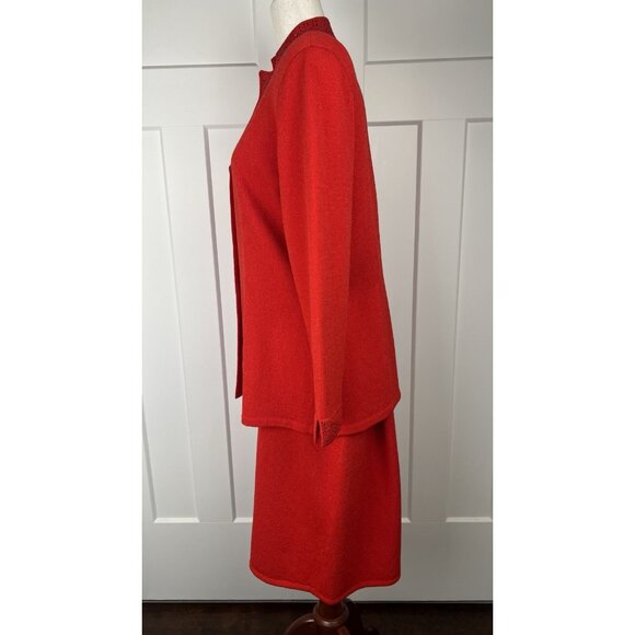 Vintage Toula Red Crystal Knit Skirt Suit Evening Jacket Set Size 12 Elegant - Picture 7 of 14